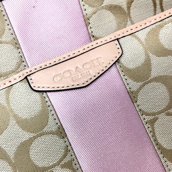 Coach Monogram Tan Canvas Crossbody Bag with Wide Pink Stripe in Center - Picture 2 of 16